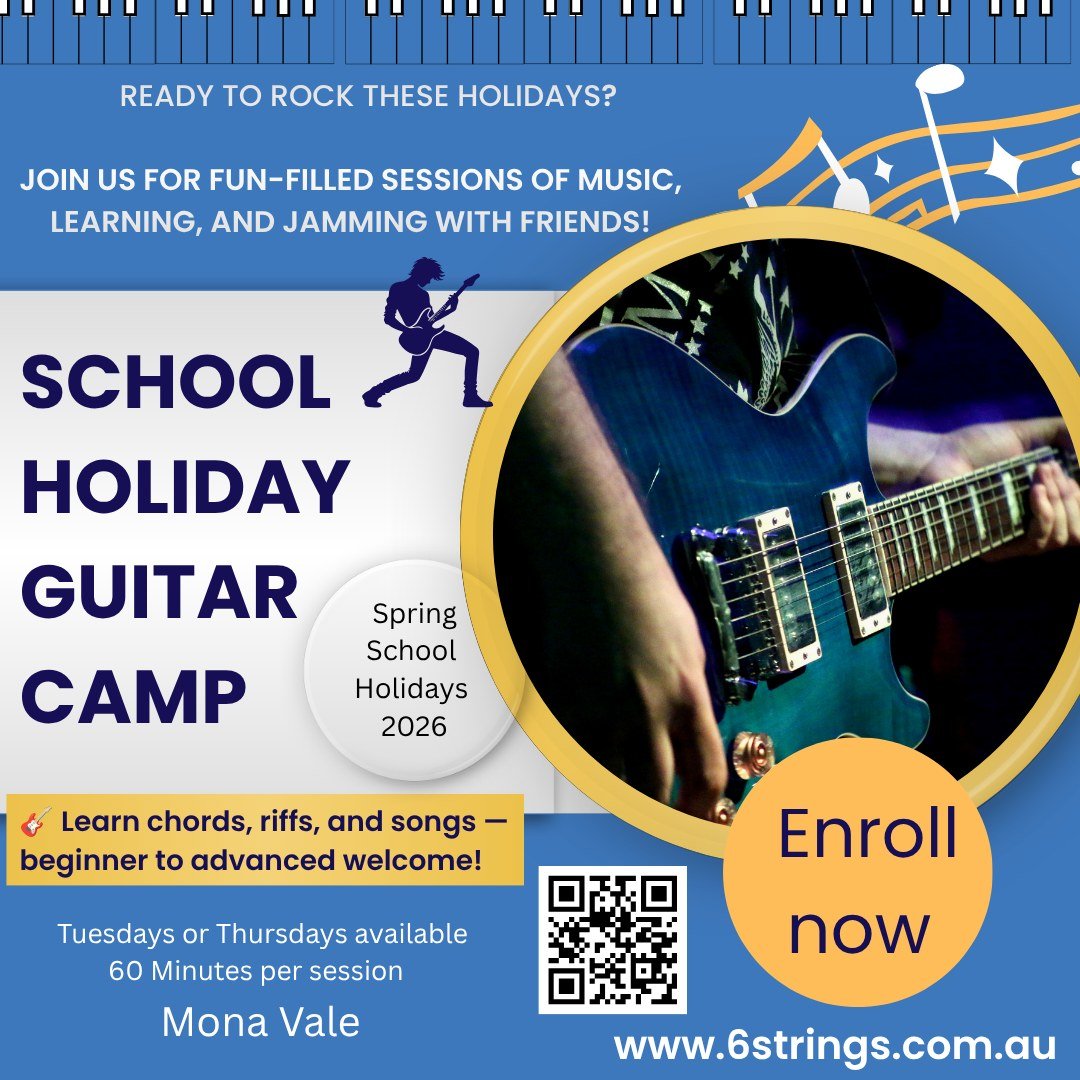 6 Strings Guitar School — Spring School Holiday Guitar Camp 2026 flyer